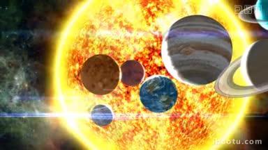 这是一幅超现实的环绕照片，太阳系的所有行星都分散在燃烧的太阳前面